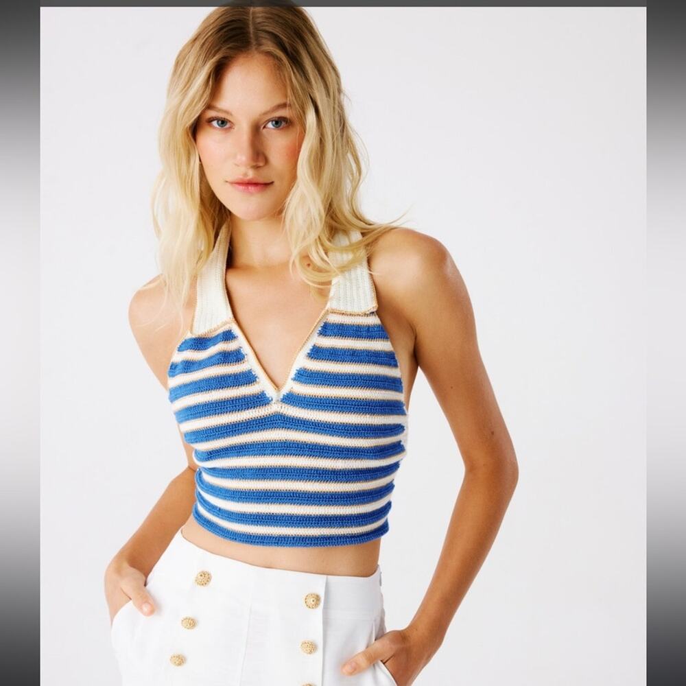 My Beachy Side Ali Crochet Striped Halter Top Small Navy - Picture 3 of 12